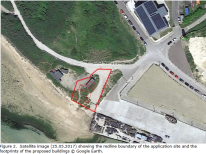 Figure 2.  Satellite image (25.05.2017) showing the redline boundary of the application site and the footprints of the proposed buildings © Google Earth.